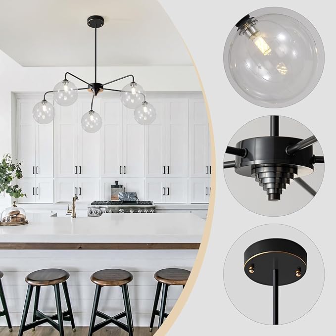 Mid Century Modern Sputnik Chandelier 5 Light Black Chandelier Clear Glass Globe Sputnik Chandelier for Dining Room Bedroom Kitchen
