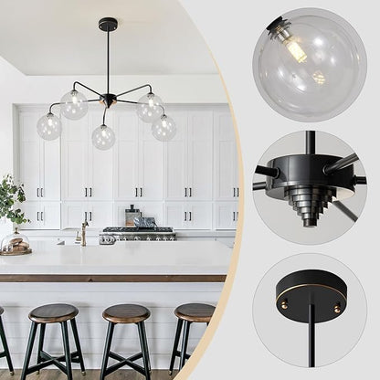 Mid Century Modern Sputnik Chandelier 5 Light Black Chandelier Clear Glass Globe Sputnik Chandelier for Dining Room Bedroom Kitchen