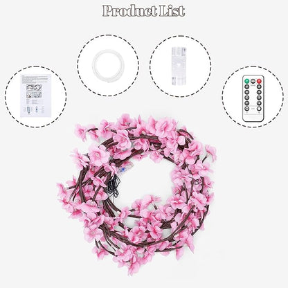 Cherry Blossom Tree Branch Lights for Wall,Cherry Enchanted Willow Vine Lights,with 144 LED and 8 Lighting Modes,Remote Timer,for Bedroom Wall Doors Windows Wedding Christmas Holiday (90inch)
