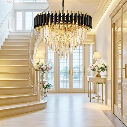 24" Black and Gold Crystal Chandelier Contemporary Large Crystals Chandeliers 5-Tier K9 Crystal Pendant Lamp 8-Light for Dinning Room Living Room Entryway Staircase