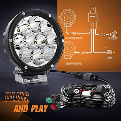 Nilight 5.7 Inch Round 50W LED Driving Light w/ 16AWG DT Connector Wiring Harness 6500LM IP68 Spot Flood Combo Work Lamp for Offroad ATV UTV SUV Motorcycle Truck Tractor Boat