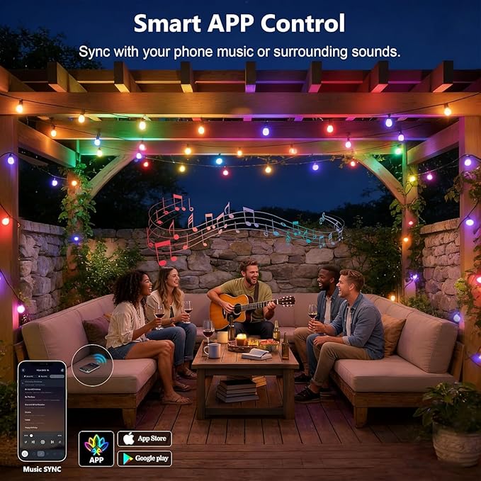 Beizelte Outdoor String Lights, 140FT RGB+IC Outside Light Dimmable Shatterproof LED Bulbs, IP67 Waterproof Chasing Effect Lighting DreamColor Patio Strip Lights for Backyard, Balcony, Outdoor Living