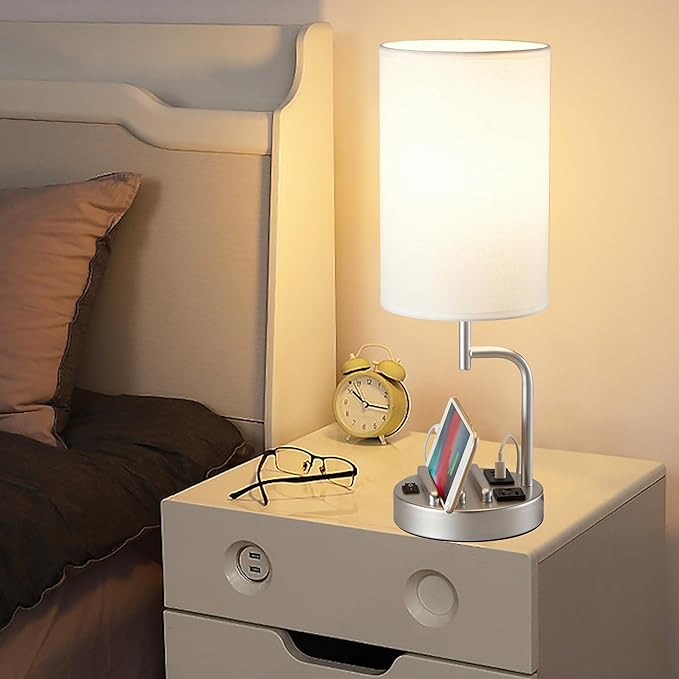 Dreamholder Table Lamp with 3 USB Charging Ports, Modern Desk Lamp with AC Outlet and Phone Stands, Perfect Bedside Lamp for Bedroom, Living Room, Office (Pack of 2), Silver