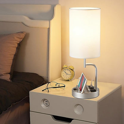 Dreamholder Table Lamp with 3 USB Charging Ports, Modern Desk Lamp with AC Outlet and Phone Stands, Perfect Bedside Lamp for Bedroom, Living Room, Office (Pack of 2), Silver