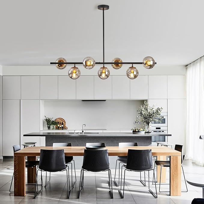 Modern linear chandeliers for dining room,7 Lights Glass Globe sputnik ceiling light fixture 41" Mid Century black and gold chandelier (Large Long Pendant Hanging Lighting for Kitchen Island)