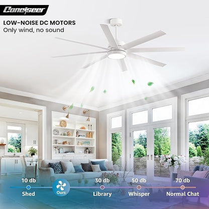 Modern Ceiling Fans with Lights, 65 Inch Ceiling Fan with Light and Remote for Bedroom Living Room Kitchen Office, Indoor/Outdoor Use, 24W 6CCT 8 Blades 6 Speed Reversible Quiet DC Motor, White