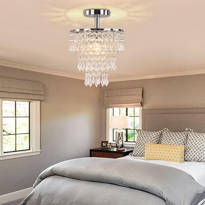 FRIXCHUR Small Crystal Chandelier Led Crystal Ceiling Lights 3 Tiers Crystal Raindrops Chandelier Pendant Lighting Fixture Decoration for Bedroom Hallway Living Room,Chrome, E26