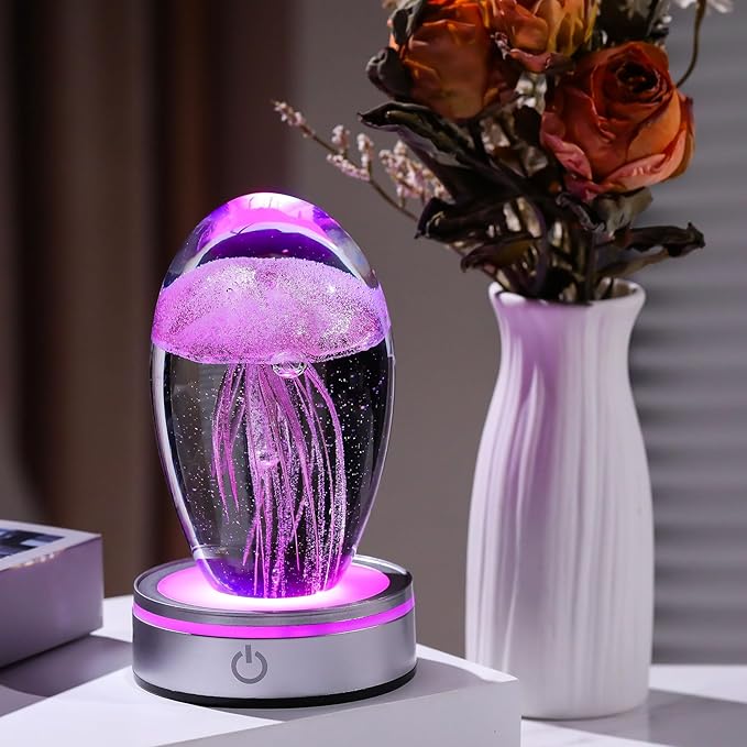 Handmade Jellyfish Lamp – Crystal Glass Figurine Colorful LED Night Light, Ocean-Themed Desk Decor, Aquarium & Beach Room Decor – Gifts for Women Nature Lovers (Pink)