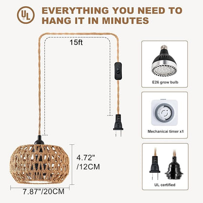 Grow Lights for Indoor Plants, Full Spectrum Plant Light, with Timer and 15FT Power Cord, 30W Pendant Plant Lights for Indoor Growing, Garden, Flowers, Greenhouse (4000-K, Weaving Style-7)