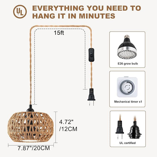 Hanging Grow Light for Indoor Plants, 30W 4000K Full Spectrum LED Pendant with Timer, Hand-Woven Shade, 15FT Cord, Kit for Office Desk, Bookshelf, Cube Decor, Low Light Spaces