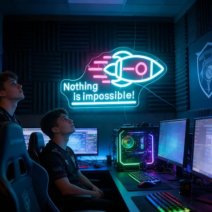 "Nothing Is Impossible!" Rocket Neon Light for Gaming Room Office – Motivational LED Wall Art, Dimmable USB Space-Themed Decor for Study Gym, Inspiring Gift for Gamers Teens Entrepreneurs