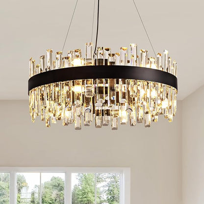 12-Light Modern Crystal Chandelier for Dining Room, Black Round Flush Mount Ceiling Light, Luxury 2-Tiers K9 Crystal Raindrop Chandelier for Living Room Entryway Foyer Bathroom D23.6''