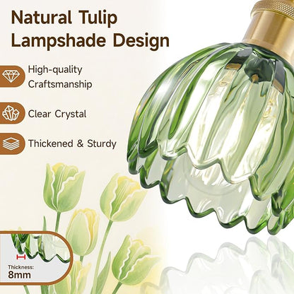 Bathroom Light Fixtures Over Mirror,3 Light Vintage Bathroom Vanity Lights,20 in Brushed Brass Antique Vanity Light with Green Tulip Glass Shade for Bedroom, Living Room, Foyer,E26 Base