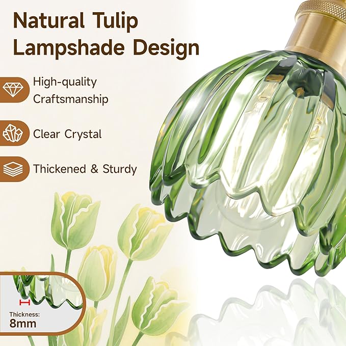 4 Light Vanity Lights for Bathroom, 27.2 in Brushed Brass Gold Bathroom Vanity Lights Over Mirror,Wall-Mounted Bath Room Lighting Fixtures with Green Tulip Glass Shade for Bedroom Living Room