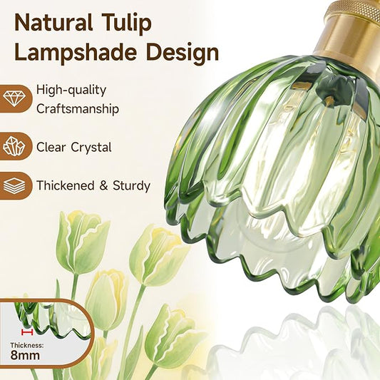 Bathroom Lights Over Mirror,2-Light Vintage Vanity Light Fixtures,Retro Brass Bathroom Light, Flower Wall Sconce With Green Tulip Glass Shade For Bedroom, Living Room, Dressing Table, E26 Base