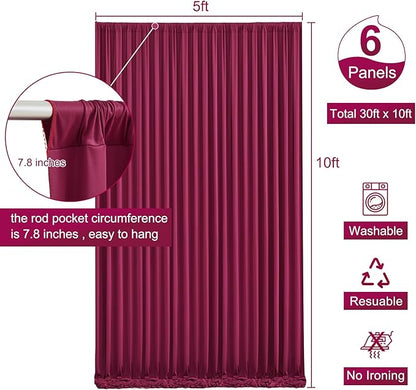 6 Panels Burgundy Backdrop Curtain for Parties Wedding Wrinkle Free Maroon Photo Curtains Backdrop Drapes Fabric Decoration for Birthday Engagement Ceremony 30ft(W) x 10ft(H)