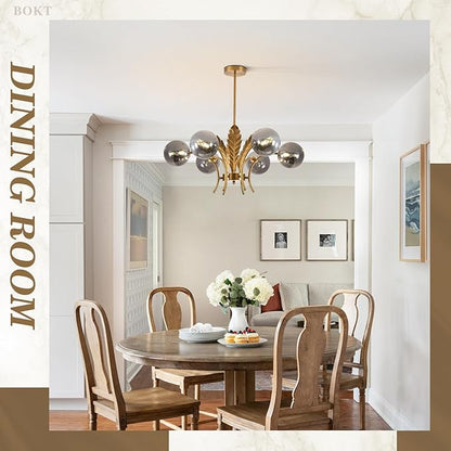 BOKT Gold Sputnik Chandelier Mid Century Smoky Gray Glass Chandelier Light Leaf 6-Light Adjustable Ceiling Hanging Light Fixture Globe LED Pendant Lighting for Kitchen Living Room Hallway Bedroom