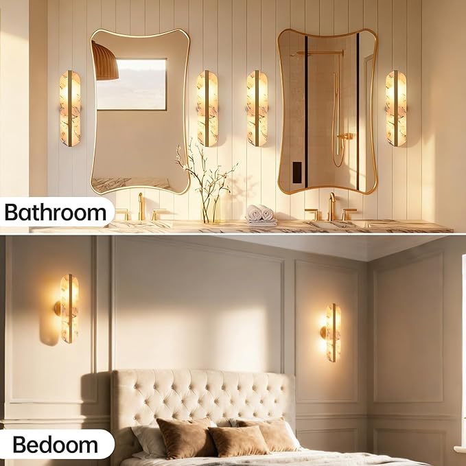 15.7" Natural Alabaster Wall Sconces Marble Wall Sconces Gold Bathroom Vanity Wall Light Fixtures Modern Oval Stone Wall Lamp for Bedroom Living Room Hallway Restaurant Stairs