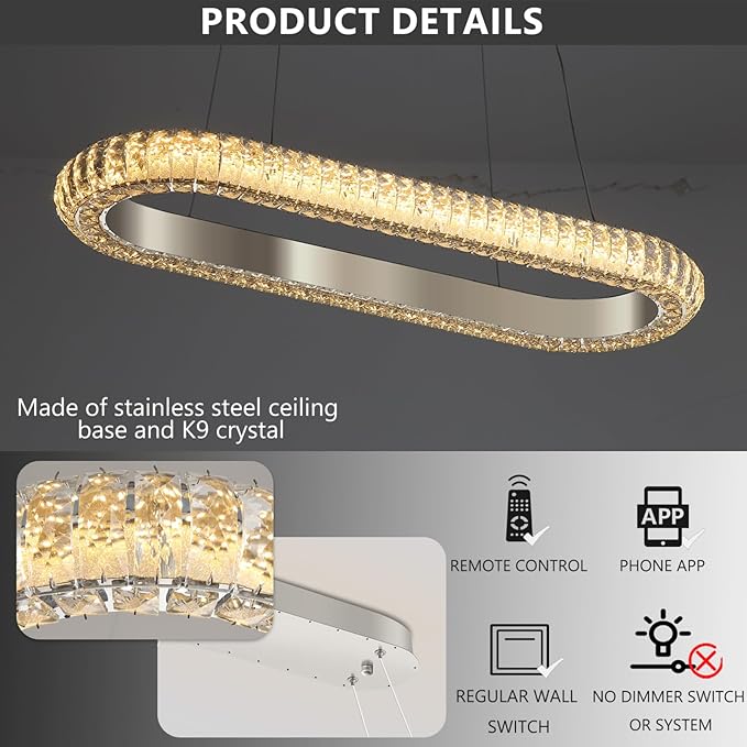 32'' Oval Ring Crystal Chandelier Modern LED Dimmable Ring Pendant Light Chandelier for Dining Room Living Room Silver