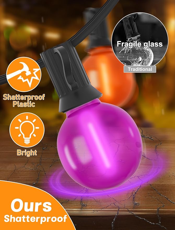50ft Halloween Outdoor String Lights, G40 LED Halloween Globe Lights with 27 Frosted Orange and Purple Bulbs(2 Spare) for Outdoor Indoor Patio Yard Roofline Decorations, E12 Socket, Black Wire