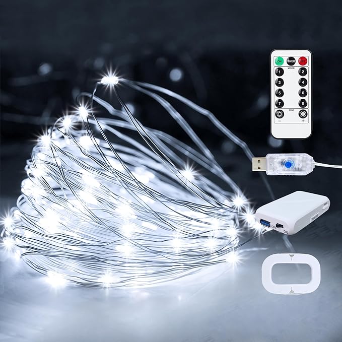 2Pack USB Plug in Fairy String Lights,16ft 50 LED Copper with Remote and Timer, 8 Modes Waterproof Twinkle String Lights Battery Powered for Bedroom Indoor Party Wedding Christmas Decoration