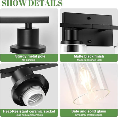 MOKATNG 5-Light Bathroom Light Fixtures, Vanity Light with Clear Glass Shades, Matte Black Bathroom Light Fixtures Over Mirror, Modern Bathroom Wall Lamp for Mirror Living Room Cabinet Bedroom