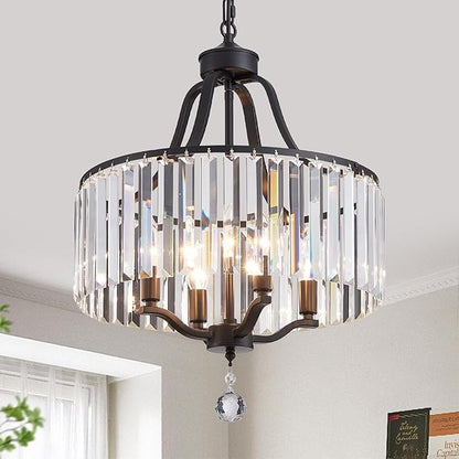Black Crystal Chandeliers for Dining Room, 4-Light Modern Round Chandeliers 15.7" for Living Room Kitchen Hallway Bedroom Foyer Hall, Adjustable Height Hanging Light Fixture