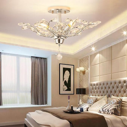 Ganeed Crystal Ceiling Light, K9 Crystal Chandeliers, Vintage Frozen Crystal Branch Close to Ceiling Lighting Fixtures with 4-Light for Living Room Dining Room Bedroom Restaurant Entryway (Chrome)