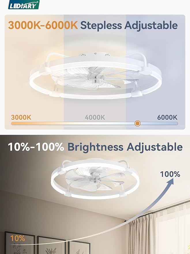 LEDIARY Ceiling Fans with Lights and Remote, 24'' Low Profile Ceiling Fan with Light, 3000-6000K Dimmable Fandelier LED Fan Light, 6 Wind Speeds, White Modern Flush Mount Ceiling Fan for Bedroom