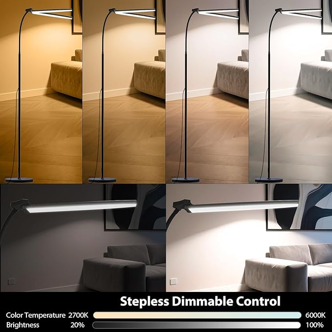 24W/2400LM Dual Head LED Floor Lamp for Living Room, Reading Standing Task Lamp for Office, Adjustable Panels with Remote, No Glare Puzzle Light for Tattoo, Piano, Sewing, Lash, Craft