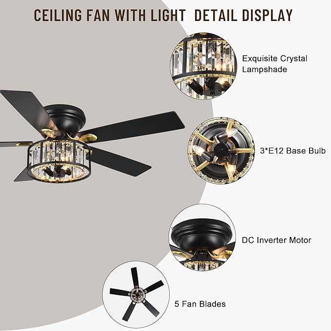 52" Crystal Farmhouse Ceiling Fan with Lights and Remote,Flush Mount Ceiling Fan,Chandelier with 5 Reversible Blades,3 E12 Base Lights,Quiet Motor for Living Room,Dining Room,Bedroom