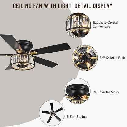 52" Crystal Farmhouse Ceiling Fan with Lights and Remote,Flush Mount Ceiling Fan,Chandelier with 5 Reversible Blades,3 E12 Base Lights,Quiet Motor for Living Room,Dining Room,Bedroom