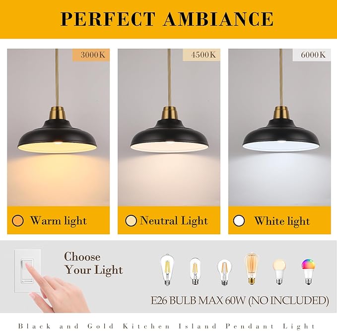 Black and Gold Pendant Light, 12" Matte Black Pendant Lights Fixtures Adjustable Rod Gold Modern Hanging Lighting,for Kitchen Island Dining Room Bar Restaurant Sink Entrance