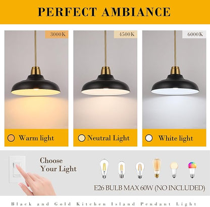 Black and Gold Pendant Light, 12" Matte Black Pendant Lights Fixtures Adjustable Rod Gold Modern Hanging Lighting,for Kitchen Island Dining Room Bar Restaurant Sink Entrance