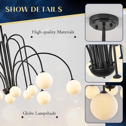 L52” Modern Sputnik Chandelier Large 12 Lights Mid Century Milk Glass Globe Ceiling Pendant Lighting Luxury for High Ceiling Foyer Staircase Living Dining Room