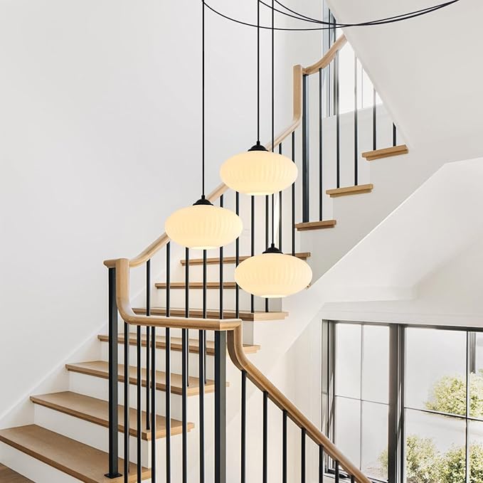 Mid Century Modern Hanging Lights with Plug in Cord Large Milk Glass Pendant Light Black Industrial Pendant Light Plug in Hanging Light Fixture for Bedroom