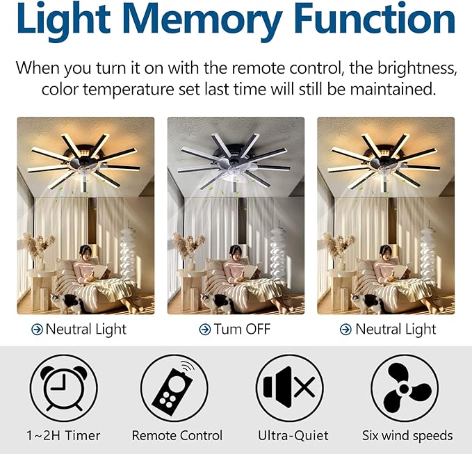 27" Black Straight Strip Ceiling Fan with Lights Remote Control, 3 Colors 6 Speeds Low Profile Ceiling Fan with Light for Kitchen Bedroom