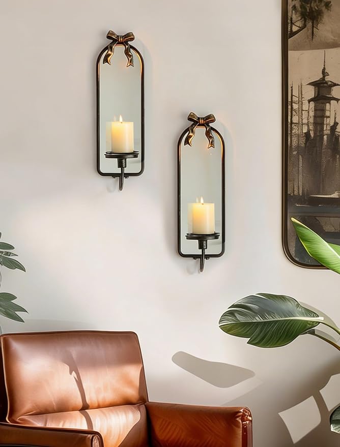 Candle Sconces Black Wall Decor: Set of 2 Metal Wall Candle Holder Decorative for Taper Pillar Candles - Vintage Bow Mirror Sconces Art for Fireplace Bathroom Livingroom