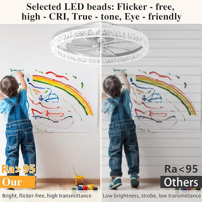 DIAMONDFORGE Ceiling Fans with Lights and Remote Fandelier - 20" Flush Mount Low Profile Modern Ceiling Fans for Bedroom - Stepless Color Temperature and 6 Speeds, White Irregular Crystal