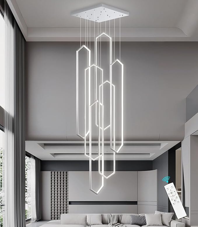 6 Rings Modern Chandelier LED Dimmable Long Large High Ceiling Chandelier Adjust Flush Mount Ceiling Light for Entrance Foyer Lobby Staircaes