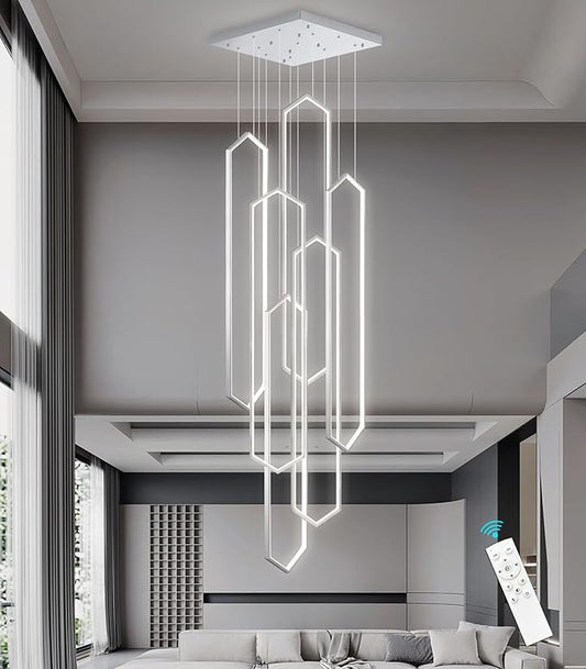 6 Rings Modern Chandelier LED Dimmable Long Large High Ceiling Chandelier Adjust Flush Mount Ceiling Light for Entrance Foyer Lobby Staircaes