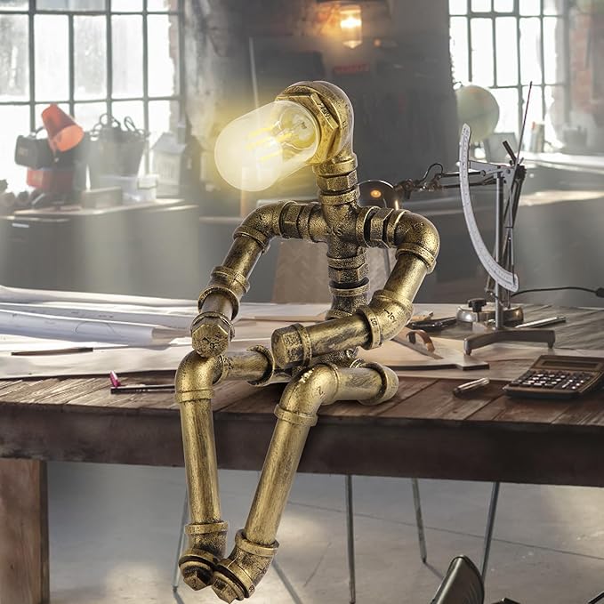 Steampunk Decor Table Lamp for Men Unique Creative Robot Style Desk Lamp,Vintage Industrial Metal Pipe Water Pipe Light, Home Decor Ideal for Bedrooms,Study. (Bronze B)