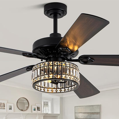Farmhouse Ceiling Fan with Lights and Remote Large Rustic Ceiling Fan Caged Fandelier Industrial Chandelier Light, Reversible Quiet DC Motor 6 Speed for Indoor Outdoor (Crystal, 60 Inch)