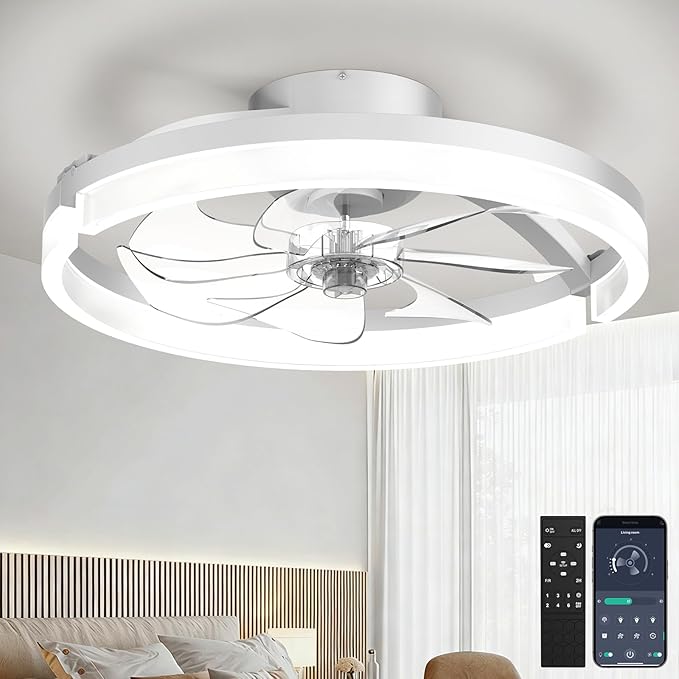 Ceiling Fans with Lights and Remote Low Profile Flush Mount LED Ceiling Fan with Lights 3000K-6500K Dimmable Foldable Fandelier Light 6 Wind Speeds Night Light for Bedroom Living Room White (Frosted)