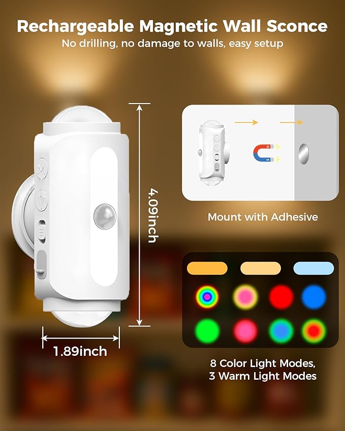 4 Pack Motion Sensor Wall Light, Magnetic Wireless RGB Dimmable Wall Lamps, Rechargeable Wireless Hallway Lights, Battery Operated Lighting for Stairs, Bedroom, Bathroom, Bar Decor