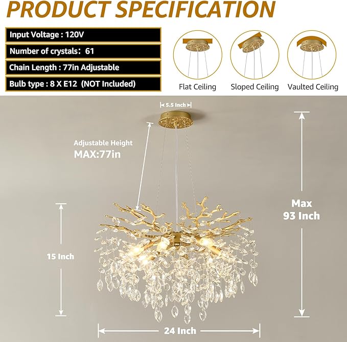 EGM Gold Crystal Chandelier, 24-Inch Modern Raindrop Light Fixtures 8-Light, Hanging Round Gold Dining Room Crystal Chandelier, Tree Branch Chandeliers for Bedroom Foyer E12