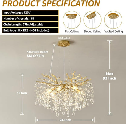 EGM Gold Crystal Chandelier, 24-Inch Modern Raindrop Light Fixtures 8-Light, Hanging Round Gold Dining Room Crystal Chandelier, Tree Branch Chandeliers for Bedroom Foyer E12