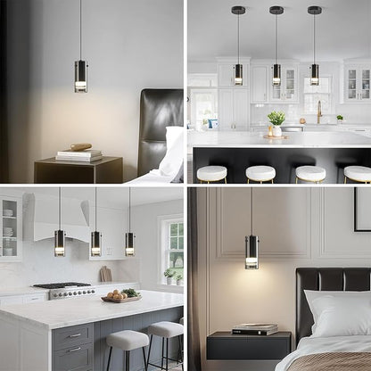 Black Pendant Light Fixtures, Adjustable Modern LED Smoky Gray Glass Pendant Lights for Kitchen Island, Single Hanging Pendant Lighting for Dining Table Hallway Bedroom Living Room(3-Pack)
