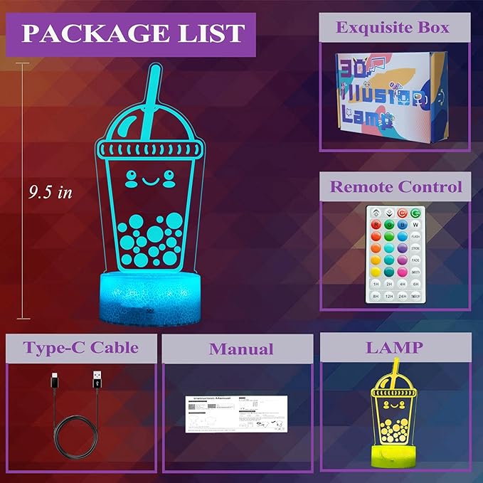 Boba Lamp, Boba Gifts, Boba 3D Night Light with Remote Control, 16 Color Changing, Timer, RGB Flashing Mode, Dimmable - Boba Gifts for Boys & Girls