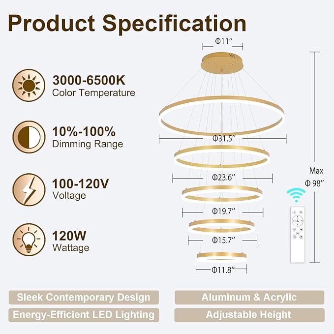 5 Rings Modern LED Chandelier Gold Large High Ceiling Chandeliers with Remote Control Contemporary Pendant Light Dimmable for Staircase Entryway Living Room Foyer Villa(3000K-6500K D31.5)